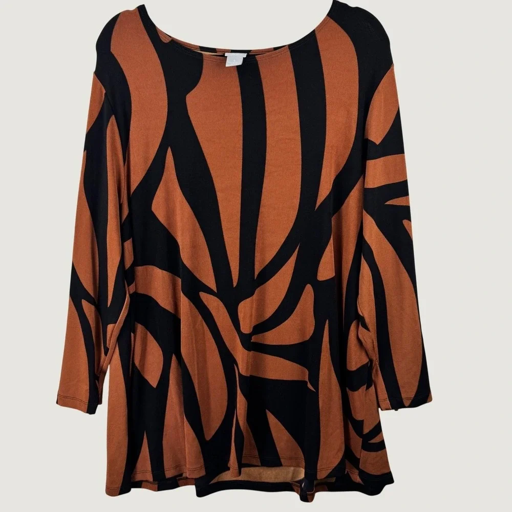 Chico's Travelers Top Womens 20/22 Rust Black Abstract Zipper Cuff Blouse